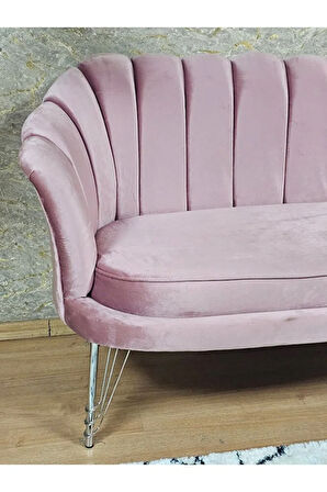 İkili İstiridye Krom Kaplama Telli Ayak Çay Seti Koltuk Tekli Berjer , İkili Berjer Koltuk Pembe Renk 110 x 48 Boyut/Ebat