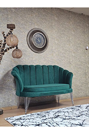 İkili İstiridye Krom Kaplama Telli Ayak Çay Seti Koltuk Tekli Berjer , İkili Berjer Koltuk Yeşil Renk 110 x 48 Boyut/Ebat