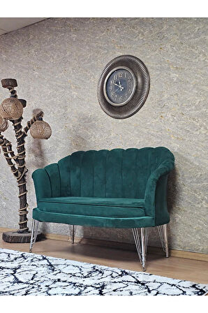 İkili İstiridye Krom Kaplama Telli Ayak Çay Seti Koltuk Tekli Berjer , İkili Berjer Koltuk Yeşil Renk 110 x 48 Boyut/Ebat