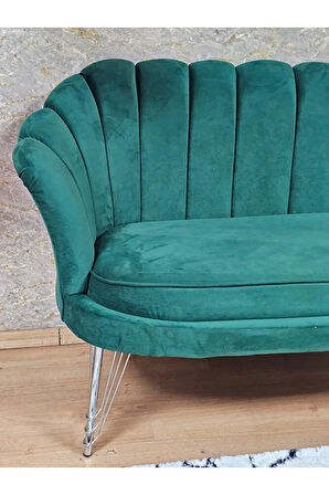 İkili İstiridye Krom Kaplama Telli Ayak Çay Seti Koltuk Tekli Berjer , İkili Berjer Koltuk Yeşil Renk 110 x 48 Boyut/Ebat