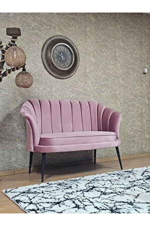 İkili İstiridye Siyah Boyalı Sivriltme Ayak Çay Seti Koltuk İkili Berjer , İkili Berjer Koltuk Pembe Renk 110 x 48 Boyut/Ebat