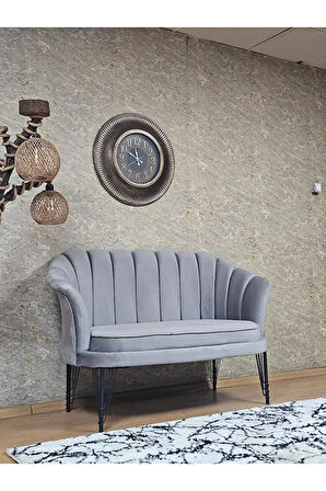 İkili İstiridye Siyah Boyalı Telli Ayak Çay Seti Koltuk Tekli Berjer , İkili Berjer Koltuk Gri Renk 110 x 48 Boyut/Ebat