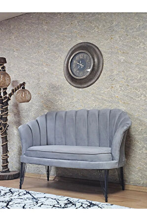 İkili İstiridye Siyah Boyalı Telli Ayak Çay Seti Koltuk Tekli Berjer , İkili Berjer Koltuk Gri Renk 110 x 48 Boyut/Ebat