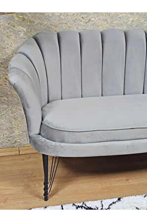 İkili İstiridye Siyah Boyalı Telli Ayak Çay Seti Koltuk Tekli Berjer , İkili Berjer Koltuk Gri Renk 110 x 48 Boyut/Ebat