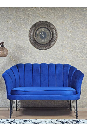 İkili İstiridye Siyah Boyalı Telli Ayak Çay Seti Koltuk Tekli Berjer , İkili Berjer Koltuk Mavi Renk 110 x 48 Boyut/Ebat