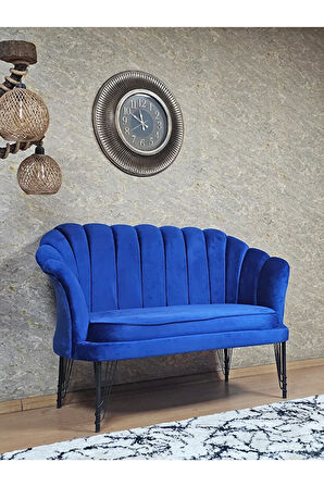 İkili İstiridye Siyah Boyalı Telli Ayak Çay Seti Koltuk Tekli Berjer , İkili Berjer Koltuk Mavi Renk 110 x 48 Boyut/Ebat