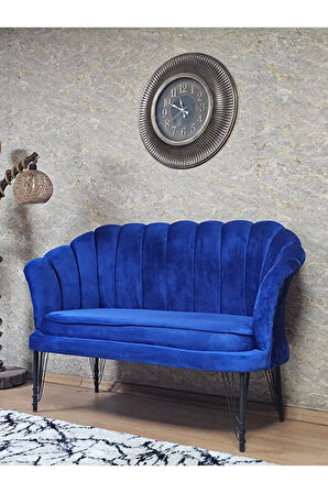 İkili İstiridye Siyah Boyalı Telli Ayak Çay Seti Koltuk Tekli Berjer , İkili Berjer Koltuk Mavi Renk 110 x 48 Boyut/Ebat