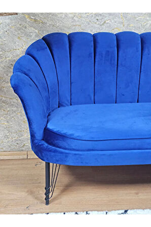 İkili İstiridye Siyah Boyalı Telli Ayak Çay Seti Koltuk Tekli Berjer , İkili Berjer Koltuk Mavi Renk 110 x 48 Boyut/Ebat