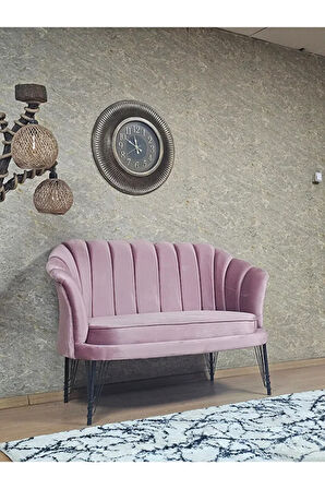 İkili İstiridye Siyah Boyalı Telli Ayak Çay Seti Koltuk Tekli Berjer , İkili Berjer Koltuk Pembe Renk 110 x 48 Boyut/Ebat
