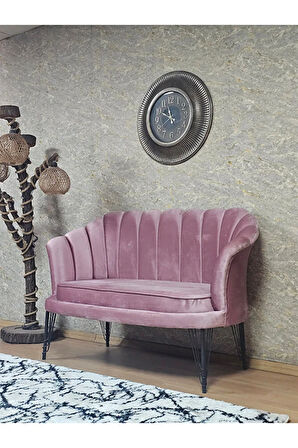 İkili İstiridye Siyah Boyalı Telli Ayak Çay Seti Koltuk Tekli Berjer , İkili Berjer Koltuk Pembe Renk 110 x 48 Boyut/Ebat