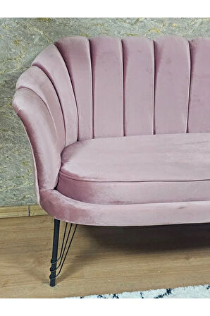 İkili İstiridye Siyah Boyalı Telli Ayak Çay Seti Koltuk Tekli Berjer , İkili Berjer Koltuk Pembe Renk 110 x 48 Boyut/Ebat