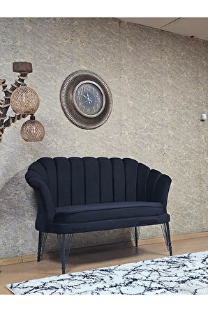 İkili İstiridye Siyah Boyalı Telli Ayak Çay Seti Koltuk Tekli Berjer , İkili Berjer Koltuk Siyah Renk 110 x 48 Boyut/Ebat