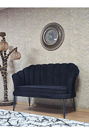 İkili İstiridye Siyah Boyalı Telli Ayak Çay Seti Koltuk Tekli Berjer , İkili Berjer Koltuk Siyah Renk 110 x 48 Boyut/Ebat