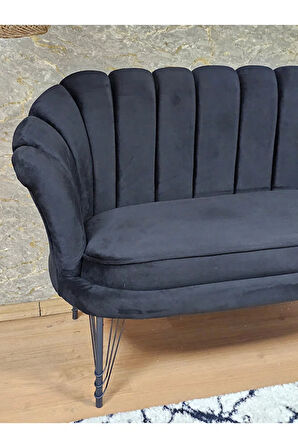 İkili İstiridye Siyah Boyalı Telli Ayak Çay Seti Koltuk Tekli Berjer , İkili Berjer Koltuk Siyah Renk 110 x 48 Boyut/Ebat