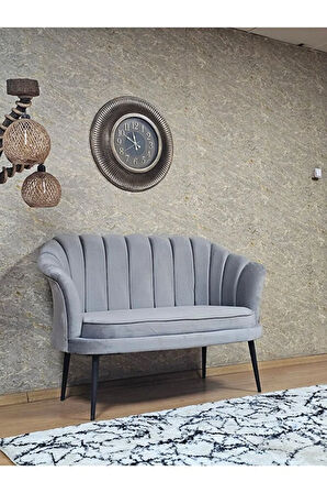 İkili İstiridye Siyah Boyalı Sivriltme Ayak Çay Seti Koltuk İkili Berjer , İkili Berjer Koltuk Gri Renk 110 x 48 Boyut/Ebat