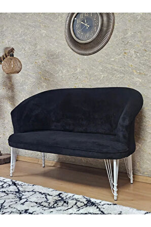 İkili TEDDY Beyaz Boyalı Telli Ayak Çay Seti Koltuk İkili Berjer , Balkon, Salon, Ofis Siyah Renk 40,5 Boyut/Ebat