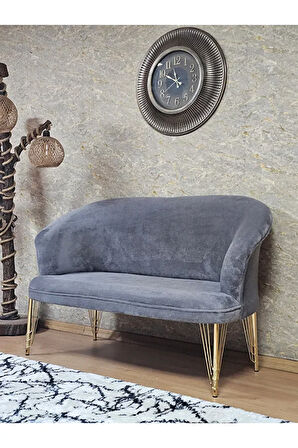 İkili TEDDY Gold Kaplama Telli Ayak Çay Seti Koltuk İkili Berjer , Balkon, Salon, Ofis Gri Renk 110 x 49 Boyut/Ebat