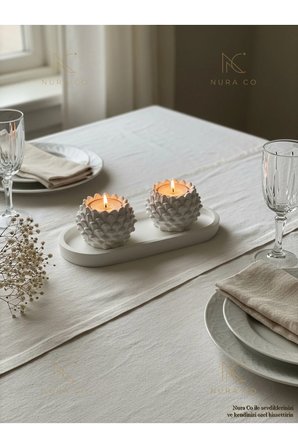 El Yapımı Kozalak Tealight Tutucu 2'li Set Oval Tepsi ile Doğa Temalı Dekoratif Ev Aksesuarı