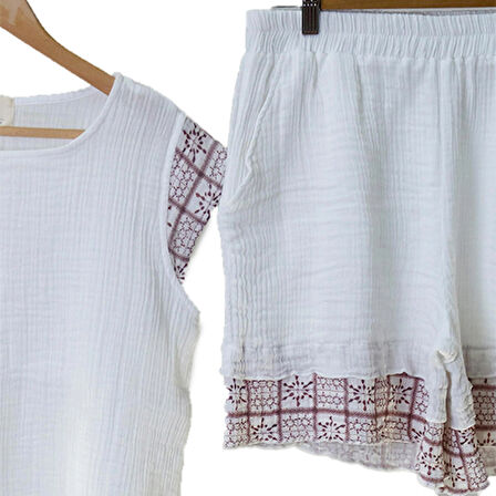 Süper Hafif %100 Pamuk 2 katlı Müslin | Şort - Tişört | İkili Takım | Pijama | Gots Sertifikalı