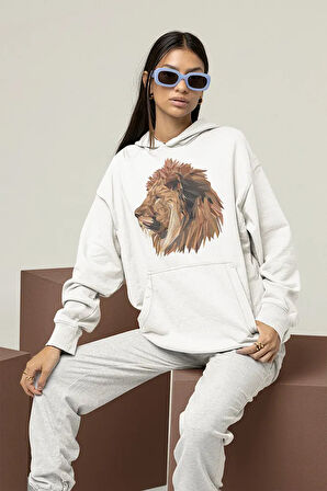 Tasarım Aslan Baskılı Unisex Oversize Lion Hoodie