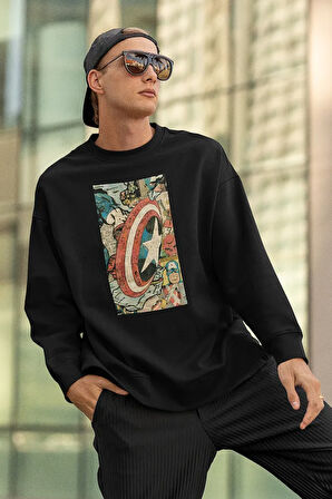 Çizim Kaptan Amerika Baskılı Unisex Oversize Marvel Sweatshirt