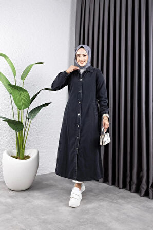 Kadın Cepli Düğmeli Denim Kot Trençkot