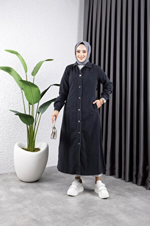 Kadın Cepli Düğmeli Denim Kot Trençkot