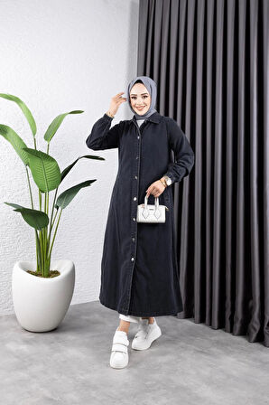 Kadın Cepli Düğmeli Denim Kot Trençkot