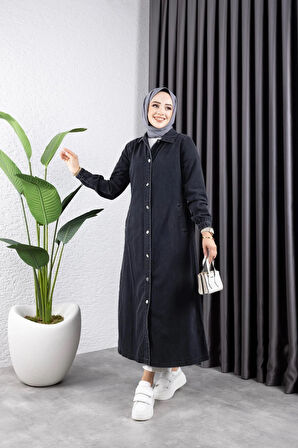 Kadın Cepli Düğmeli Denim Kot Trençkot