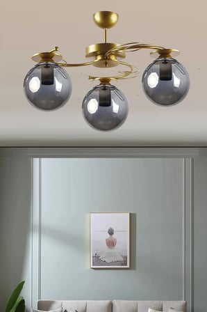 Modern Ilay Eskitme Gold Boyal füme kapalı camlı 3lü  Camlı Avize