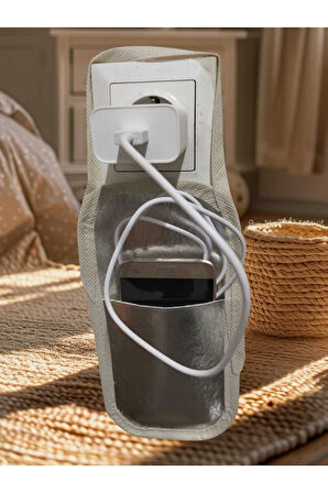 "Metalik Gri Suni Deri Askılı Priz Üstü Telefon Tutucu | Yüksek Prizler İçin bez poşeti
