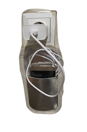 "Metalik Gri Suni Deri Askılı Priz Üstü Telefon Tutucu | Yüksek Prizler İçin bez poşeti