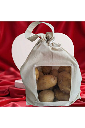 5 Kg Patates Saklama Torbası | Pamuk Ham Bez | Asetat Pencereli, İpli ve Saplı Doğal Bez Poşet