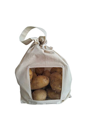 5 Kg Patates Saklama Torbası | Pamuk Ham Bez | Asetat Pencereli, İpli ve Saplı Doğal Bez Poşet