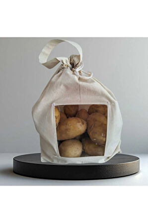 5 Kg Patates Saklama Torbası | Pamuk Ham Bez | Asetat Pencereli, İpli ve Saplı Doğal Bez Poşet