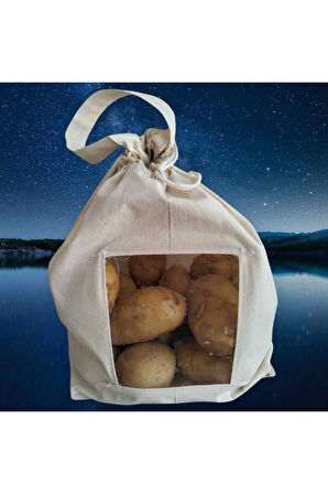 5 Kg Patates Saklama Torbası | Pamuk Ham Bez | Asetat Pencereli, İpli ve Saplı Doğal Bez Poşet