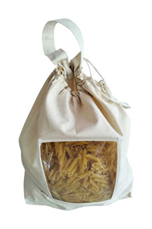 Makarna Saklama Torbası | Pamuk Ham Bez | Asetat Pencereli, İpli ve Saplı Doğal Bez Poşet |