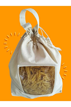 Makarna Saklama Torbası | Pamuk Ham Bez | Asetat Pencereli, İpli ve Saplı Doğal Bez Poşet |