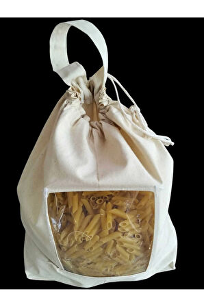 Makarna Saklama Torbası | Pamuk Ham Bez | Asetat Pencereli, İpli ve Saplı Doğal Bez Poşet |