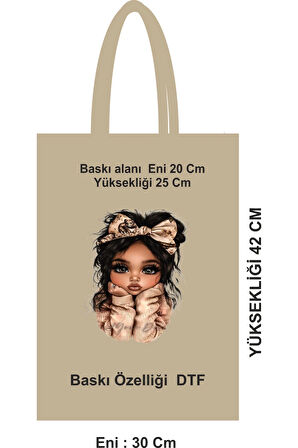 30x42 cm Saplı Bez Poşet – Doğal Pamuk, DTF Baskı, 46 Tel