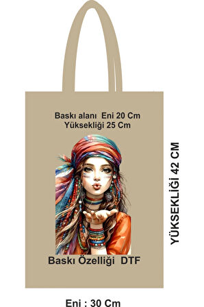 Ekolojik Saplı Bez Poşet – 30x42 cm, Pamuk, DTF Desenli