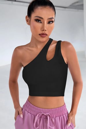 WomanAndKids Kadın Bluz Tek Omuz Cut Out Crop Siyah Kaşkorse