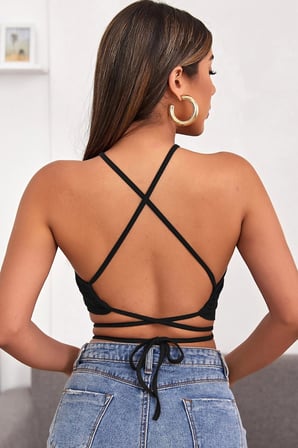 Fantezia Night Kadın Siyah Sırtı Açık Boyundan Çapraz Bağlamalı Crop Top Bluz