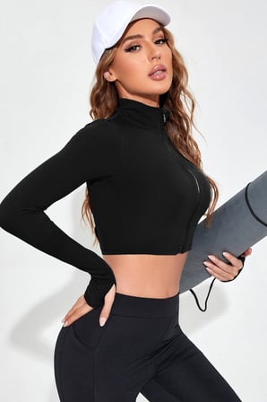 Fantezia Night Kadın Bordo Uzun Kol Fermuarlı Parmak Geçme Detaylı Dik Yaka Crop Top Bluz