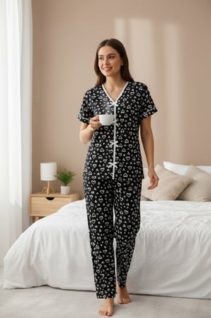 WomanAndKids Kadın Pijama Takımı Siyah Kalp Desenli Kısa Kollu Uzun Paça