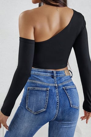 Fantezia Night Kadın Siyah Tek Omuz Detaylı Uzun Kol Crop Top Bluz