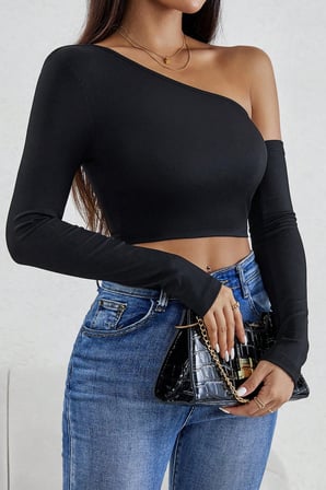 Fantezia Night Kadın Siyah Tek Omuz Detaylı Uzun Kol Crop Top Bluz