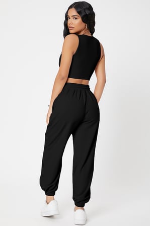 WomanAndKids Kadın Pijama Takımı Siyah Kaşkorse Cepli Jogger Eşofman Altı ve Crop Top