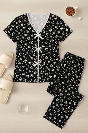 Fantezia Night Kadın Siyah Beyaz Kalp Desenli Fiyonklu Kısa Kollu Pijama Takımı