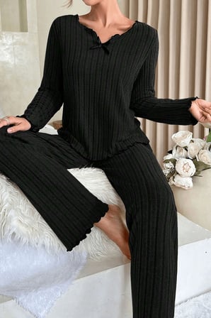 Fantezia Night Kadın Siyah Uzun Kollu Fiyonklu Yuvarlak Yaka Mevsimlik Pijama Takımı